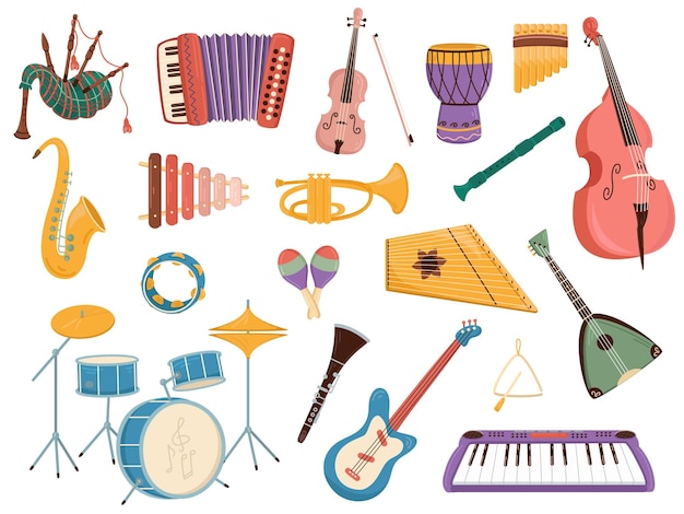 Vector instrumentos musicales instrumentos electrónicos y tradicionales estilo de dibujos animados herramientas orquestales aisladas cuerdas de latón y percusión música moderna y étnica conjunto vectorial de colección de colores brillantes