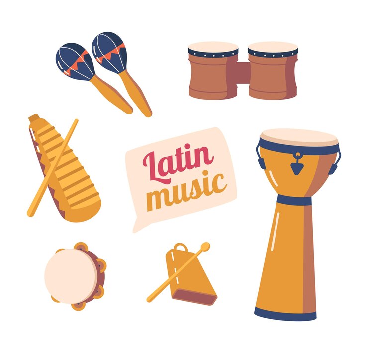 Vector instrumentos musicales latinoamericanos vibrantes y rítmicos maracas bongos pandereta traen un sonido único de música latina