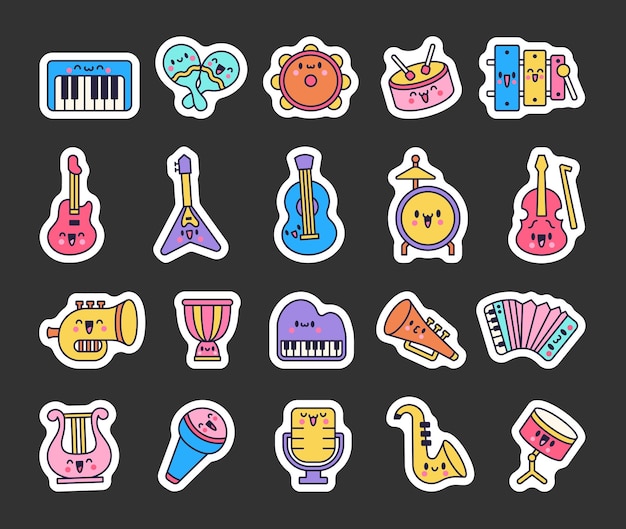 Vector instrumentos musicales lindos con cara feliz etiqueta marcador personaje de dibujos animados kawaii