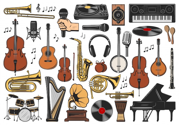 Vector instrumentos musicales, notas musicales y equipamiento.