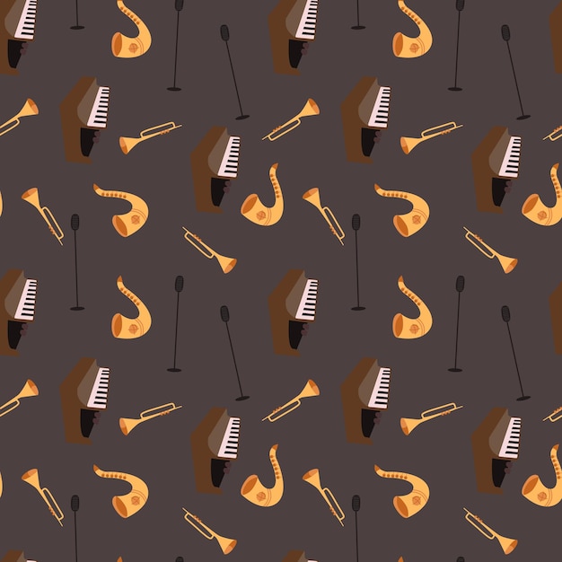 Instrumentos musicales trompeta saxofón piano micrófono vector ilustración patrón sin costuras