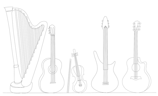 Instrumentos musicales un vector de dibujo de línea aislado