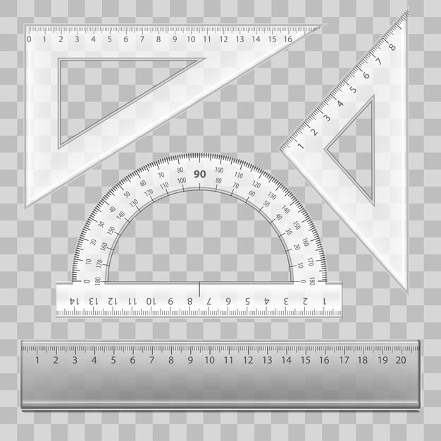 Vector instrumentos de regla de plástico 3d detallados realistas colocados en un fondo transparente para la educación ilustración vectorial de medición matemática y geométrica