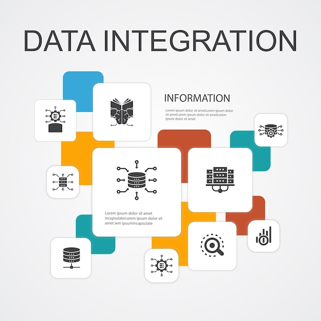 Integración de datos plantilla de iconos de línea de infografía 10. base de datos, científico de datos, análisis, iconos simples de aprendizaje automático