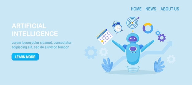 Inteligencia artificial AI para ayudar a la productividad El robot multitarea realiza muchas tareas al mismo tiempo Asistencia robótica de automatización inteligente Robot AI haciendo malabarismos con el objetivo del diagrama del calendario