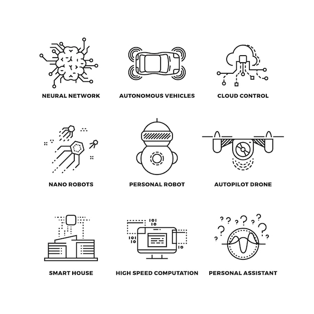 Inteligencia artificial ai robot iconos de líneas finas