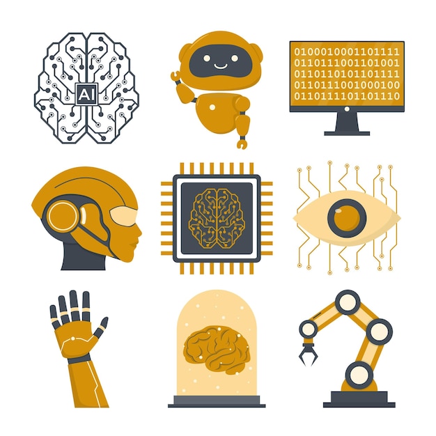 Inteligencia artificial y aprendizaje automático conjunto de iconos planos Ilustración vectorial