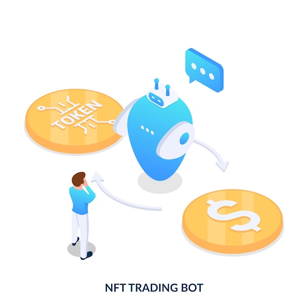 Inteligencia artificial para la automatización del comercio con tokens no fungibles. ilustración vectorial