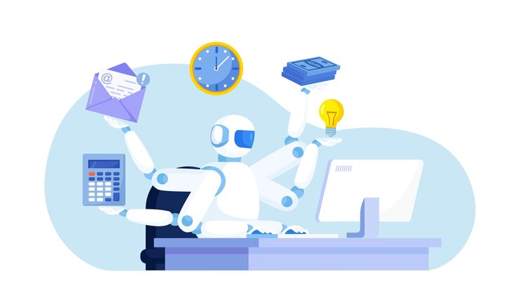 Vector inteligencia artificial para ayudar a la productividad automatización de negocios robot de ia para ayudar a multitarea tecnología de innovación para la eficiencia del trabajo automatización o asistencia robótica