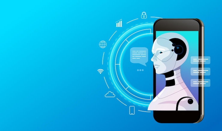 Vector inteligencia artificial chat bot tecnología robot digital cara en el teléfono inteligente datos en la nube servicio en línea comunicación en internet chatbot soporte virtual aplicación moderna ilustración vectorial