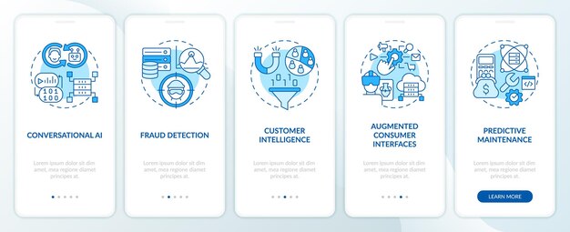 Inteligencia artificial y ciencia de datos en la pantalla de la aplicación móvil de incorporación azul comercial