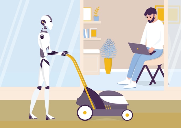 La inteligencia artificial como parte de la rutina humana. robot personal doméstico corta el césped. ai ayuda a las personas en su vida, concepto de tecnología futura. ilustración