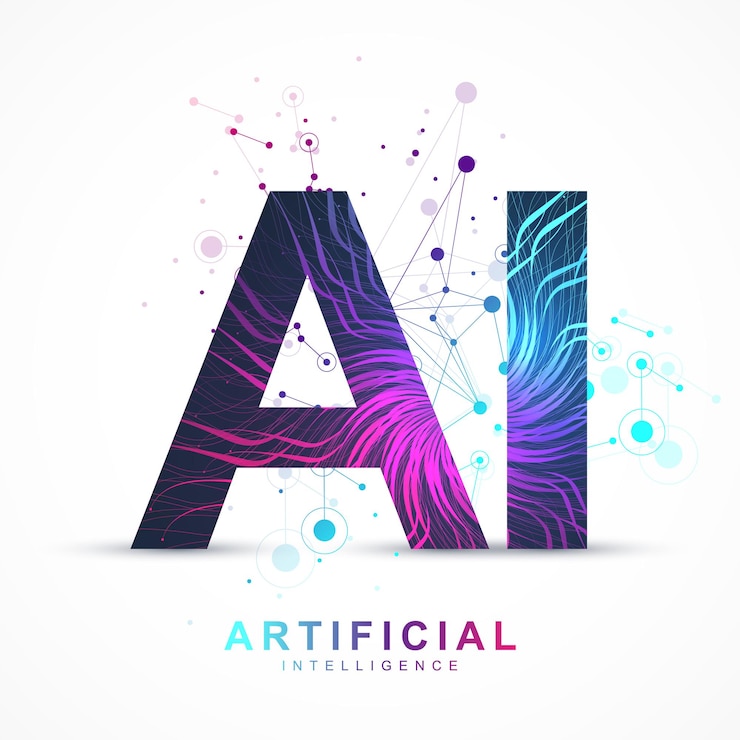 Vector inteligencia artificial y concepto de vector de aprendizaje automático en red neuronal. diseño de banner web ai con rostro humano. comunicación de flujo de ondas. red digital de deep learning en inteligencia artificial.