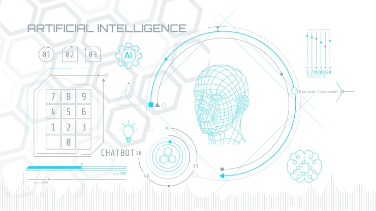 Vector inteligencia artificial construida en un círculo tecnológico con una cabeza d en un fondo abstracto