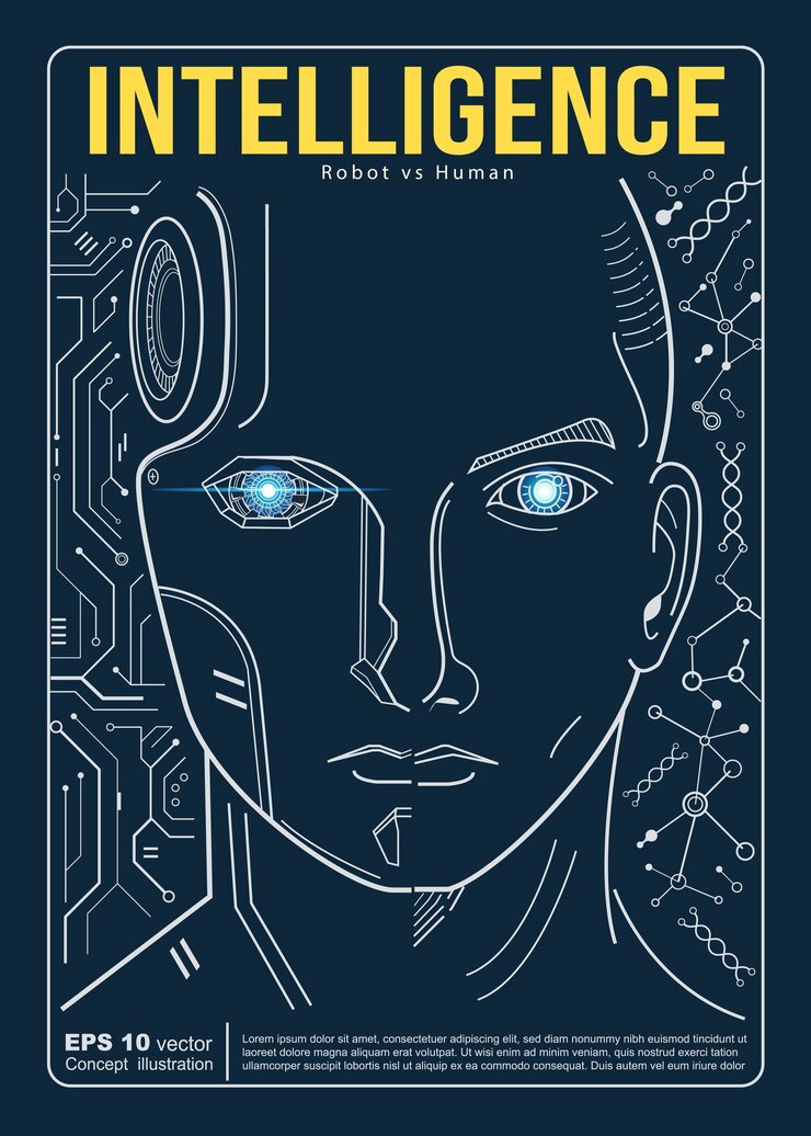 Vector la inteligencia artificial contra el cartel del concepto de cerebro humano.