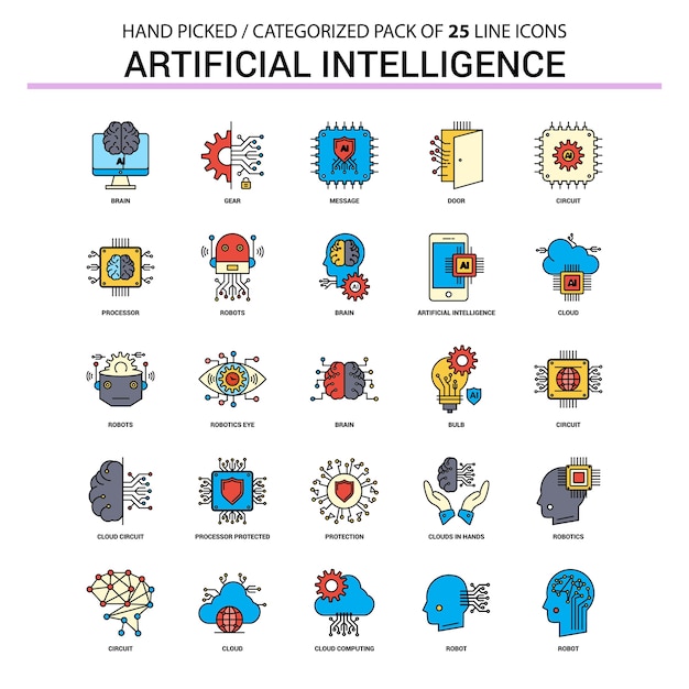 Inteligencia artificial flat line icon set