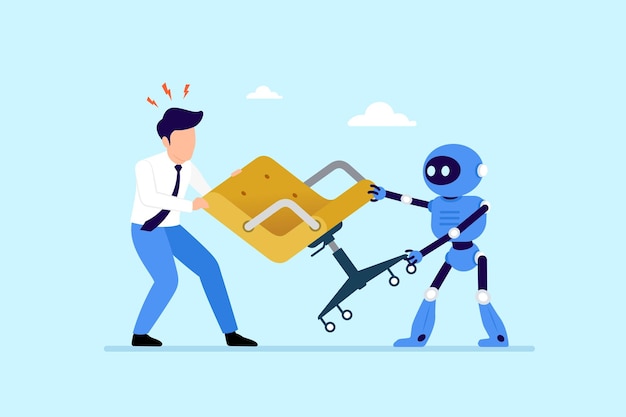La inteligencia artificial humana y robótica luchando por el puesto de trabajo vacante de la silla