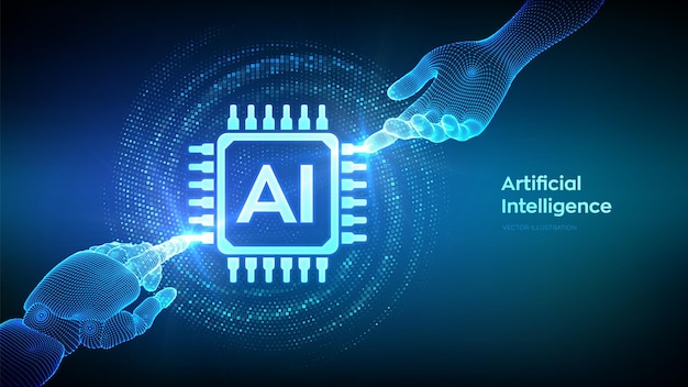Inteligencia artificial (IA) Manos de robot y humano tocando el icono de IA con código binario