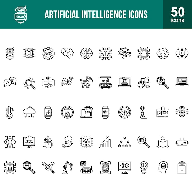 Inteligencia artificial Icon Set Line Concepto de negocio IA de la máquina Iconos inteligentes de IA y robótica