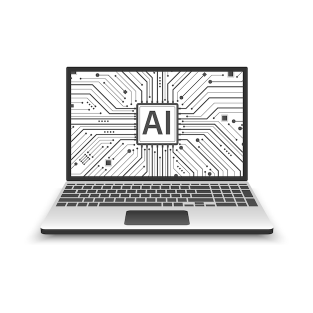 Inteligencia artificial en el icono del sistema del portátil El portátil que muestra el chipset de circuitos electrónicos aislado
