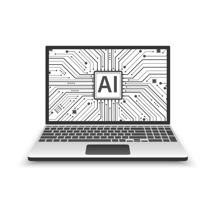 Vector inteligencia artificial en el icono del sistema del portátil el portátil que muestra el chipset de circuitos electrónicos aislado