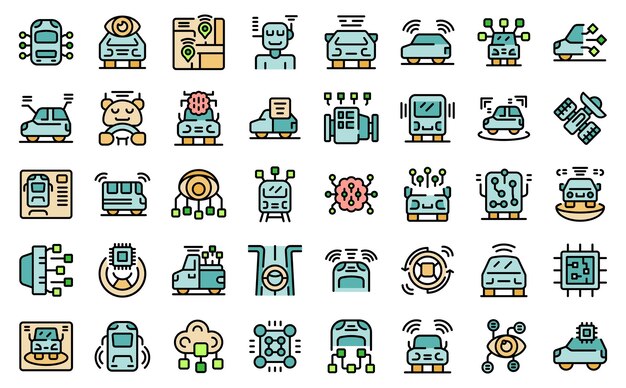 Inteligencia artificial en iconos de transporte establece vector de contorno Coche digital Carretera de la ciudad línea delgada color plano sobre blanco aislado