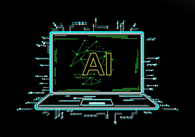 Inteligencia Artificial: Imagen conceptual vectorial, texto de IA en la pantalla de una computadora portátil, diseño futurista.