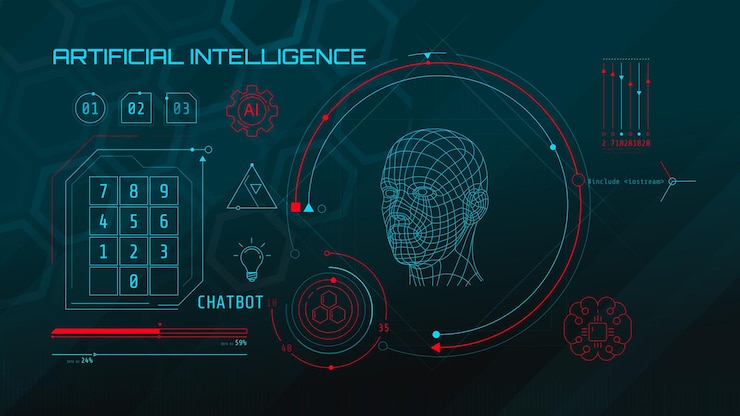 Vector inteligencia artificial incorporada en un círculo tecnológico con publicidad en un fondo abstracto