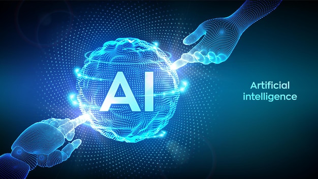 Inteligencia artificial Manos de robot y humano tocando la onda de la cuadrícula de la esfera con código binario