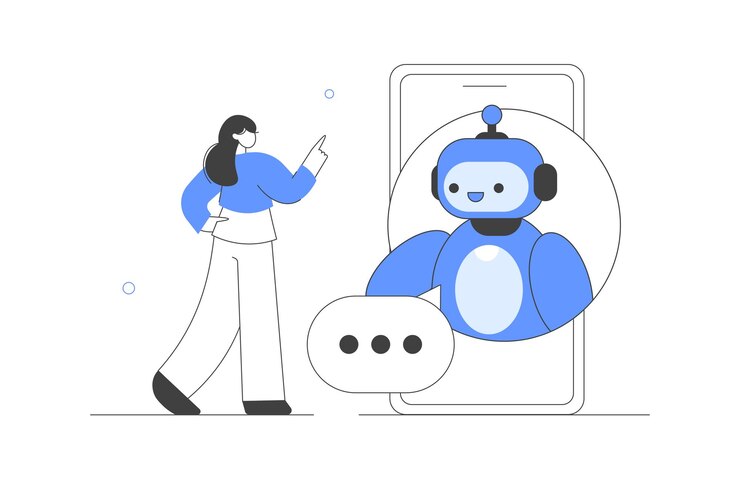 Vector inteligencia artificial mujer personaje que se comunica con un bot de chat de ia tecnología de red neuronal