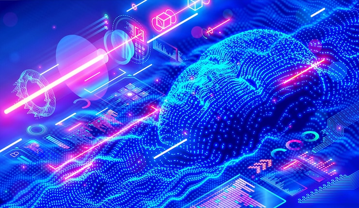 Vector inteligencia artificial o ia en imagen cabeza humanoide con cara antropomórfica analizando flujo de grandes datos cerebro digital está aprendiendo procesamiento de datos análisis de información ia ilustración isométrica