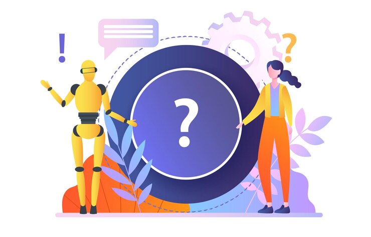 Vector la inteligencia artificial piensa más rápido que la persona. la mujer piensa en resolver problemas y el robot lo ha hecho.