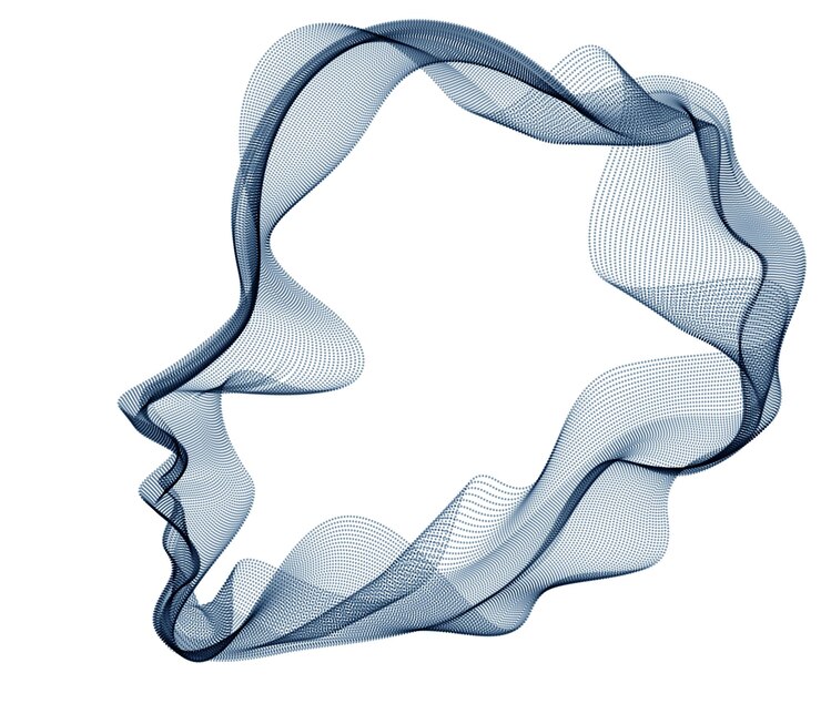 Vector inteligencia artificial, retrato artístico abstracto de cabeza humana hecho de matriz de partículas punteadas, interfaz visual digital de software vectorial. alma digital, espíritu del tiempo tecnológico.