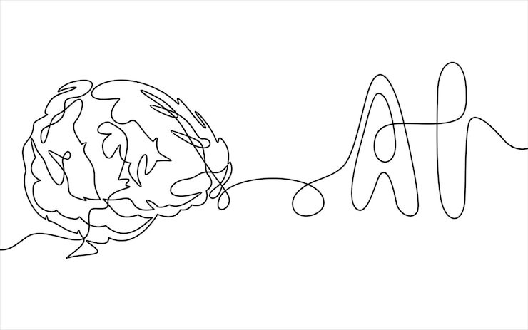 Vector inteligencia artificial y tecnología digital datos cerebrales dibujo conceptual de líneas continuas