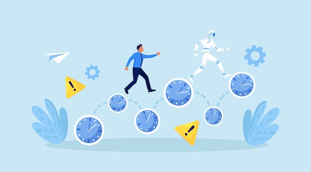 Inteligencia artificial vs. humano Competencia empresarial Gente de negocios y robot corriendo carrera durante todo el día Futura empresarial automatización Máquina robótica y empleados Robot de IA Eficiencia del trabajo