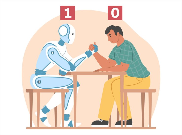Vector inteligencia artificial vs humano, ilustración vectorial plana. lucha de pulso entre la máquina robot y el empresario.