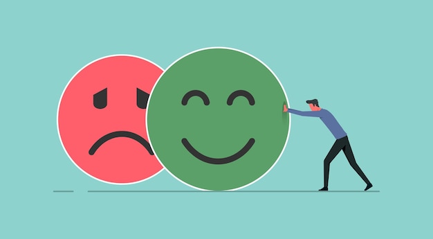 Inteligencia emocional concepto equilibrio control emocional un hombre cambiando de expresión triste cara en expresión feliz cara símbolo
