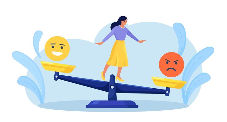 Vector inteligencia emocional, equilibrar la emoción. mujer equilibrada en escalas con malas y buenas emociones. estado mental inestable y control estricto de las emociones. estabilidad psicológica y mental. calma consciente, armonía