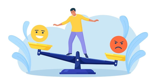 Inteligencia emocional equilibrio emoción Hombre equilibrado en escalas con malas y buenas emociones Estado mental inestable y control estricto de las emociones Estabilidad psicológica y mental Armonía tranquila y consciente