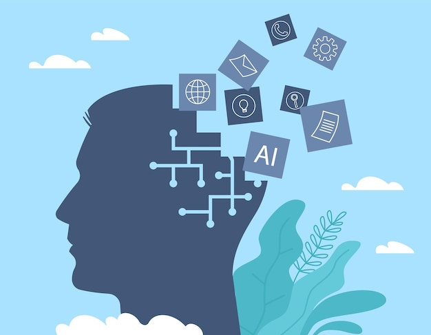 Inteligencia humana Silueta de cabeza humana con signos de conocimiento y símbolos de información proceso de pensamiento Lluvia de ideas para resolver problemas encontrar decisiones vector concepto aislado