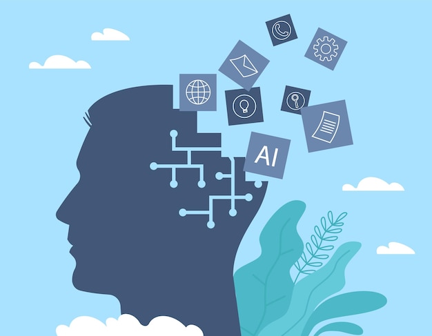 Vector inteligencia humana silueta de cabeza humana con signos de conocimiento y símbolos de información proceso de pensamiento lluvia de ideas para resolver problemas encontrar decisiones vector concepto aislado