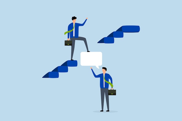 inteligencia información para resolver problemas de negocios experto en negocios usando burbujas de habla para subir la escalera al éxito