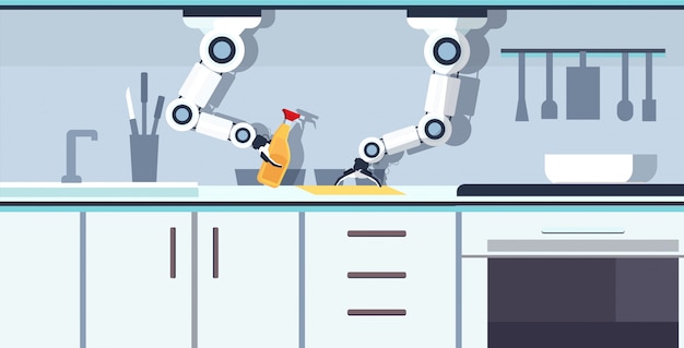 inteligente práctico chef robot lavado tabla de cortar asistente robótico innovación tecnología concepto de inteligencia artificial moderno cocina interior horizontal