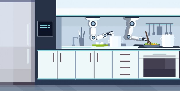 Inteligente práctico chef robot preparando huevos fritos y tortilla asistente robótico tecnología de innovación concepto de inteligencia artificial moderno cocina interior horizontal