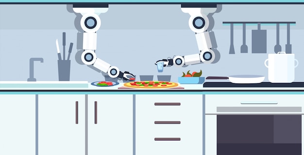 Inteligente práctico chef robot preparando sabrosa pizza asistente robótico innovación tecnología concepto de inteligencia artificial moderno cocina interior horizontal