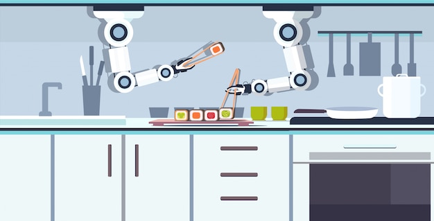 Vector inteligente práctico chef robot preparando sushi usando palillos asistente robótico tecnología de innovación concepto de inteligencia artificial cocina moderna interior horizontal