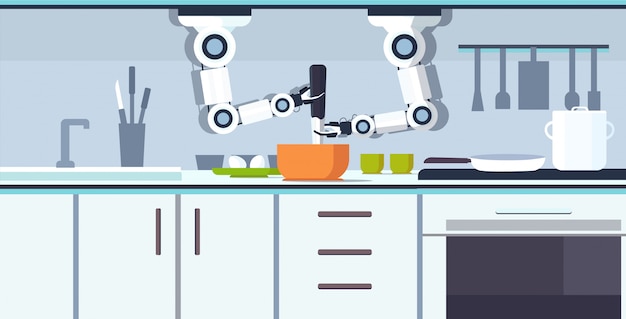 Inteligente práctico chef robot preparando tortilla batiendo huevos en un tazón asistente robótico tecnología de innovación concepto de inteligencia artificial moderno cocina interior horizontal