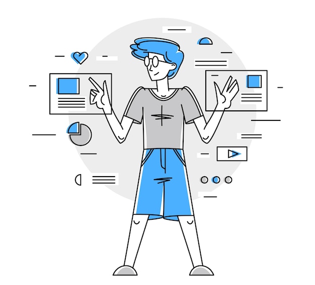 Intellectual worker making analysis of some data on pc or web data systematization collecting and analyzing information vector outline illustration