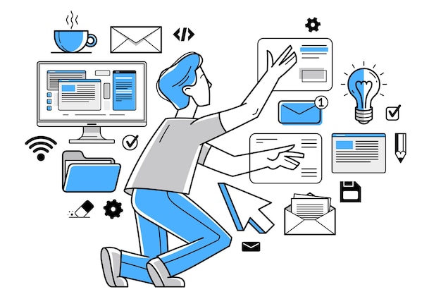 Intellectual worker making analysis of some data on pc or web data systematization collecting and analyzing information vector outline illustration