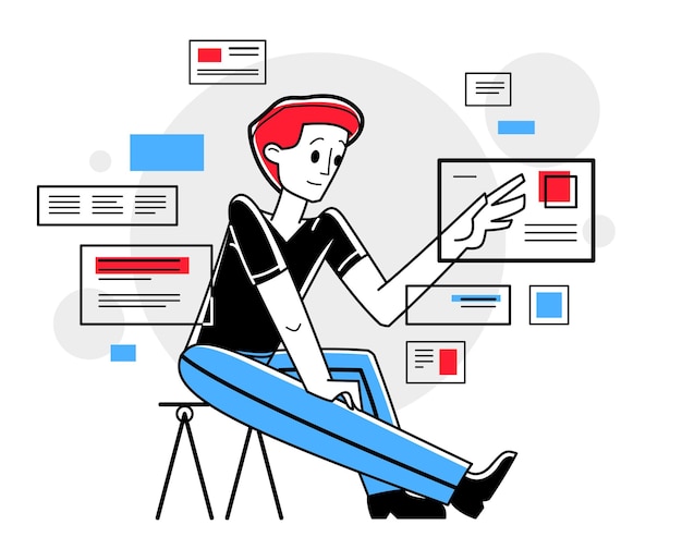 Intellectual worker making analysis of some data on pc or web data systematization collecting and analyzing information vector outline illustration